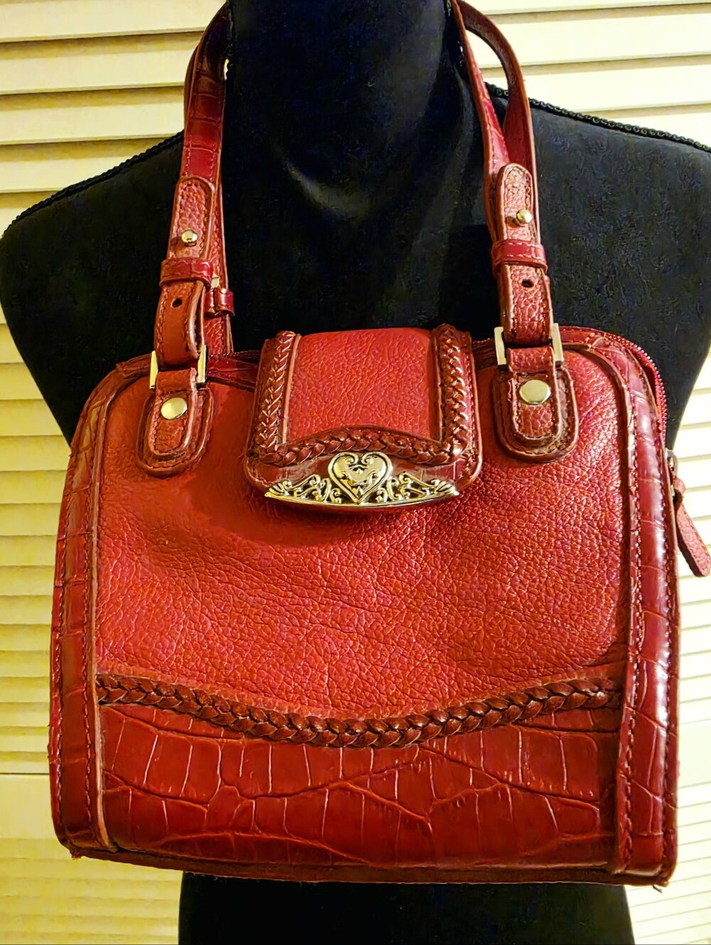 Vintage Coldwater Creek Red Leather Heart Shoulder Bag Croc Trim, Y2K-era//EUC!